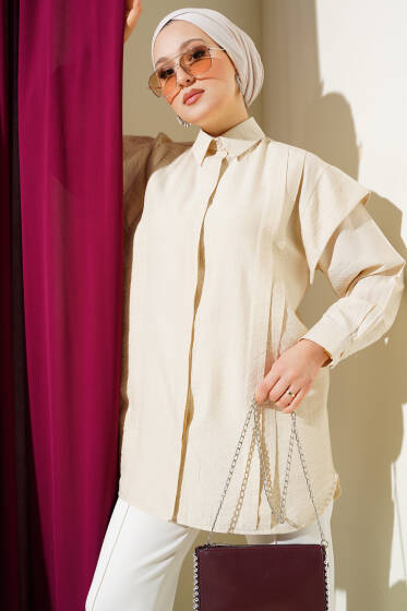 Önü Pile Detaylı Gömlek Bej - Gömlek
