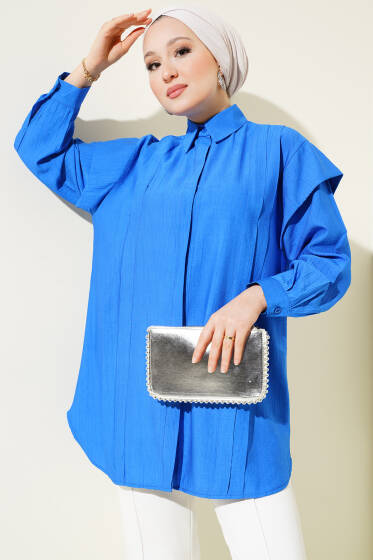 Önü Pile Detaylı Gömlek Saks - Gömlek