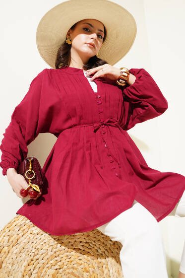 Önü Pile Detaylı Pamuk Vual Gömlek Bordo - Gömlek