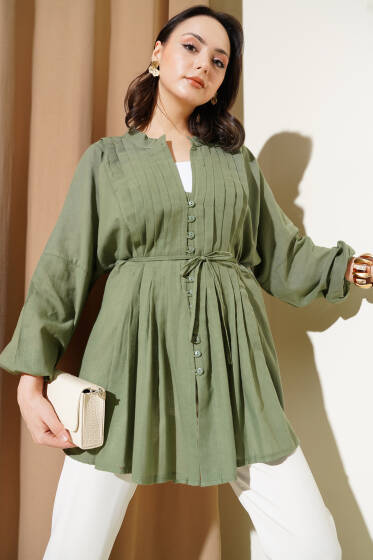 Önü Pile Detaylı Pamuk Vual Gömlek Haki - Gömlek