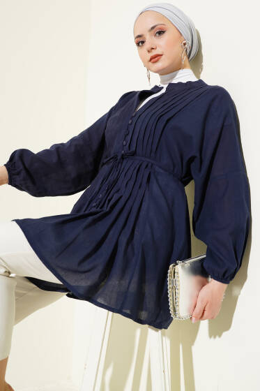 Önü Pile Detaylı Pamuk Vual Gömlek Lacivert - Gömlek