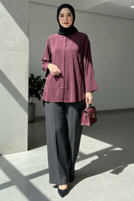 Önü Pile Detaylı Tensel Gömlek Bordo - Gömlek