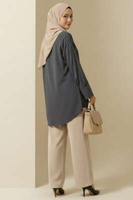 Önü Pile Detaylı Tensel Gömlek Füme - Gömlek