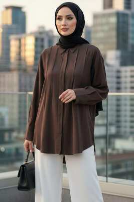 Önü Pile Detaylı Tensel Gömlek Kahve - DESTİNA