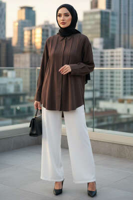 Önü Pile Detaylı Tensel Gömlek Kahve - Gömlek