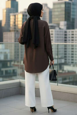 Önü Pile Detaylı Tensel Gömlek Kahve - Gömlek