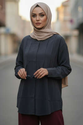 Önü Pile Detaylı Tensel Gömlek Lacivert - DESTİNA