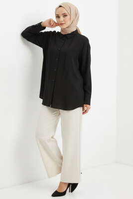 Önü Pile Detaylı Tensel Gömlek Siyah - Gömlek