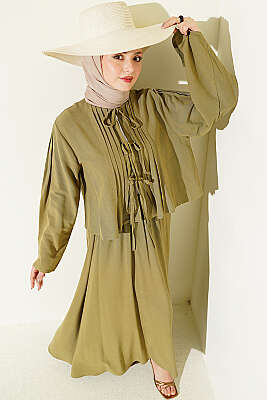 Önü Pileli Bağcıklı Etekli Takım Haki - İkili Takım