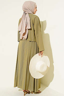 Önü Pileli Bağcıklı Etekli Takım Haki - İkili Takım