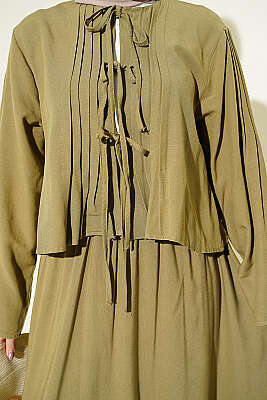 Önü Pileli Bağcıklı Etekli Takım Haki - İkili Takım