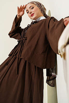 Önü Pileli Bağcıklı Etekli Takım Kahve - VAV TEKSTİL