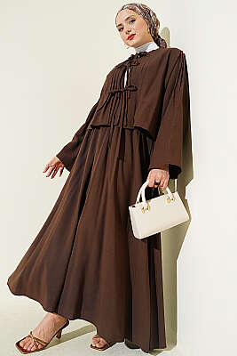 Önü Pileli Bağcıklı Etekli Takım Kahve - İkili Takım