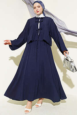 Önü Pileli Bağcıklı Etekli Takım Lacivert - VAV TEKSTİL