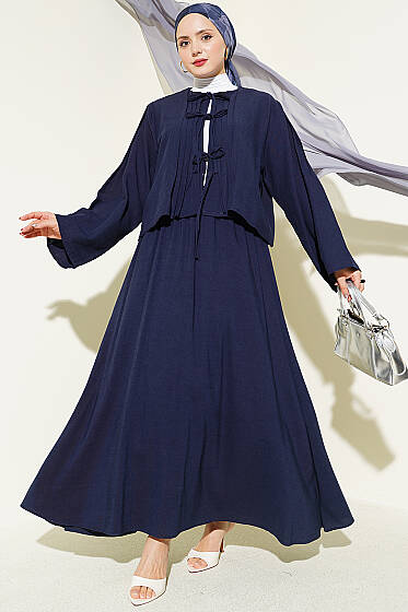 Önü Pileli Bağcıklı Etekli Takım Lacivert - İkili Takım