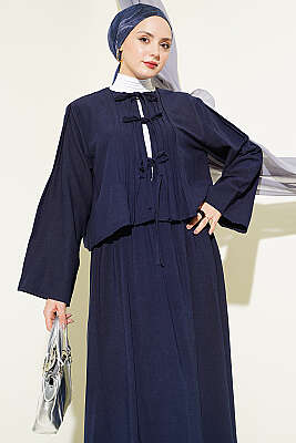 Önü Pileli Bağcıklı Etekli Takım Lacivert - İkili Takım