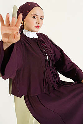 Önü Pileli Bağcıklı Etekli Takım Mürdüm - VAV TEKSTİL