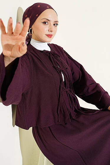 Önü Pileli Bağcıklı Etekli Takım Mürdüm - İkili Takım