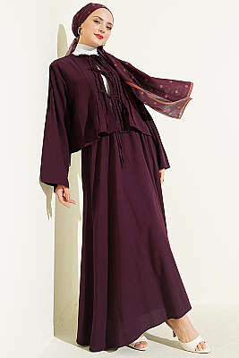 Önü Pileli Bağcıklı Etekli Takım Mürdüm - İkili Takım