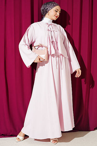 Önü Pileli Bağcıklı Etekli Takım Pembe - İkili Takım