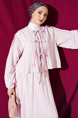 Önü Pileli Bağcıklı Etekli Takım Pembe - İkili Takım