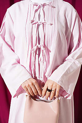 Önü Pileli Bağcıklı Etekli Takım Pembe - İkili Takım