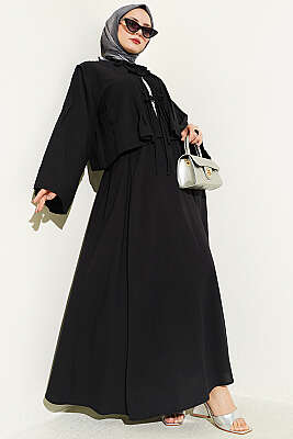 Önü Pileli Bağcıklı Etekli Takım Siyah - VAV TEKSTİL