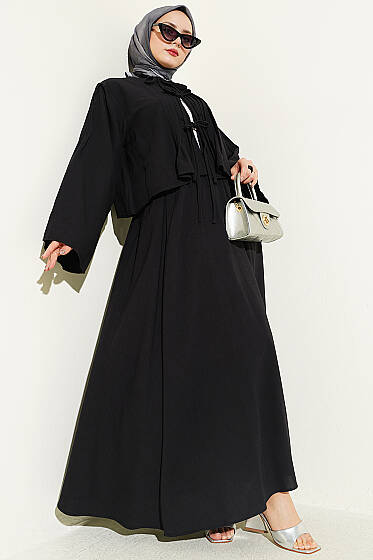 Önü Pileli Bağcıklı Etekli Takım Siyah - İkili Takım