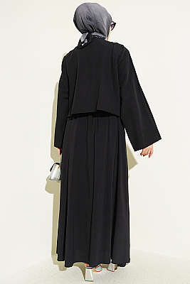 Önü Pileli Bağcıklı Etekli Takım Siyah - İkili Takım