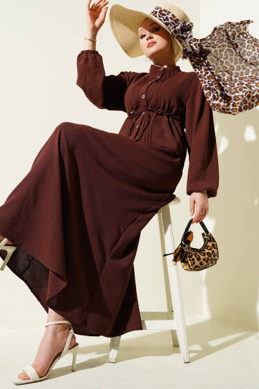 Önü Pileli Bel Tünelli Etekli Takım Acı Kahve - İkili Takım