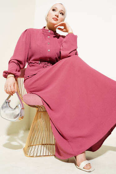 Önü Pileli Bel Tünelli Etekli Takım Gül Kurusu - İkili Takım