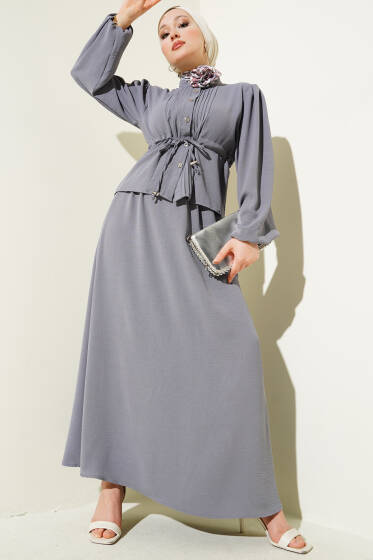 Önü Pileli Bel Tünelli Etekli Takım Kayrak Grisi - İkili Takım