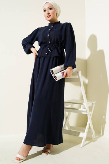 Önü Pileli Bel Tünelli Etekli Takım Lacivert - İkili Takım