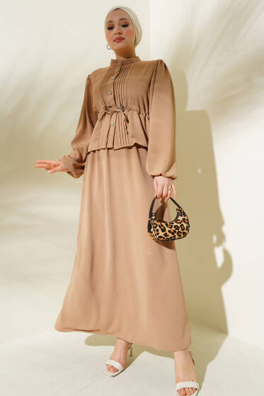 Önü Pileli Bel Tünelli Etekli Takım Latte - İkili Takım