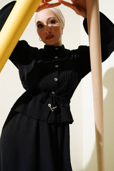 Önü Pileli Bel Tünelli Etekli Takım Siyah - İkili Takım