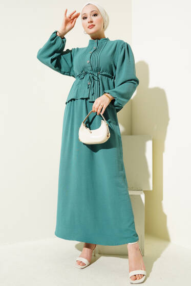 Önü Pileli Bel Tünelli Etekli Takım Yeşil - İkili Takım