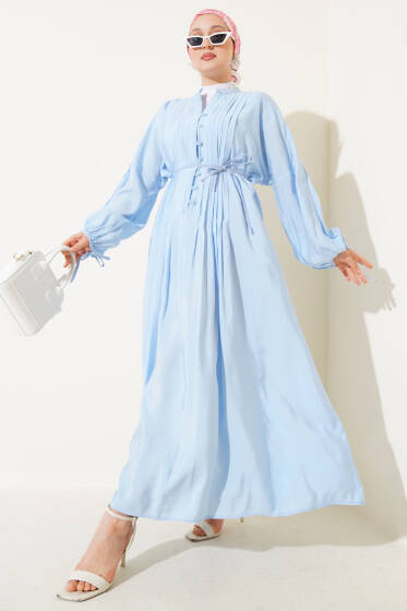 Önü Pileli Brit Düğmeli Elbise Bebe Mavi - Elbise