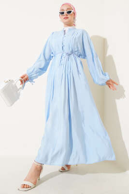 Önü Pileli Brit Düğmeli Elbise Bebe Mavi 