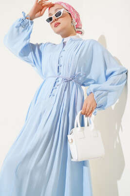 Önü Pileli Brit Düğmeli Elbise Bebe Mavi - Tesettür Elbise