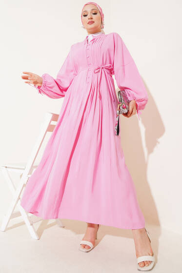 Önü Pileli Brit Düğmeli Elbise Pembe - Elbise