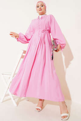 Önü Pileli Brit Düğmeli Elbise Pembe 