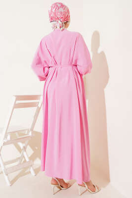 Önü Pileli Brit Düğmeli Elbise Pembe - Tesettür Elbise