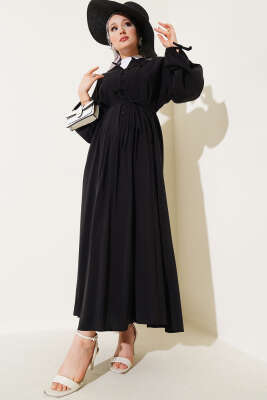 Önü Pileli Brit Düğmeli Elbise Siyah - VAV TEKSTİL