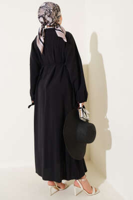 Önü Pileli Brit Düğmeli Elbise Siyah - Tesettür Elbise