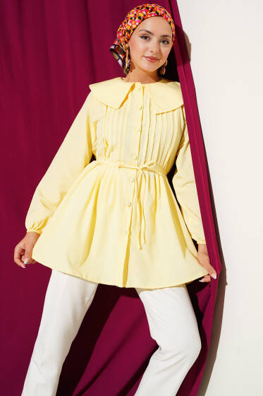 Önü Pileli Denizci Yaka Gömlek Sarı - Gömlek