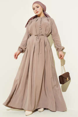 Önü Pileli Düğmeli Modal Elbise Bej 