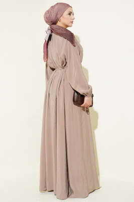 Önü Pileli Düğmeli Modal Elbise Bej - Elbise