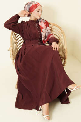 Önü Pileli Düğmeli Modal Elbise Bordo - MODA NORVELLA