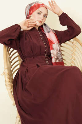 Önü Pileli Düğmeli Modal Elbise Bordo - Elbise