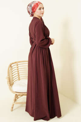 Önü Pileli Düğmeli Modal Elbise Bordo - Elbise